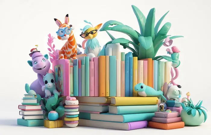 Stacked Books 3D Picture Cartoon Illustration